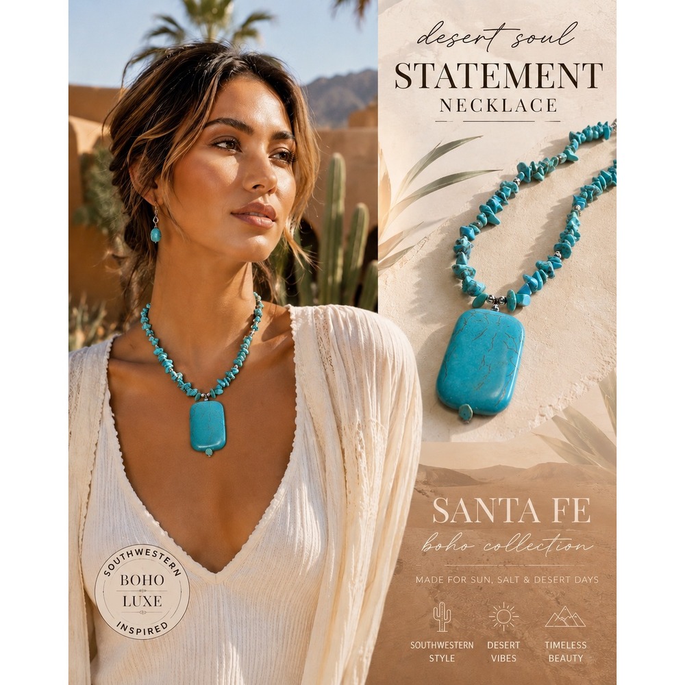 Southwestern Turquoise -‎ style Slab Pendant Boho Santa Fe Statement Necklace